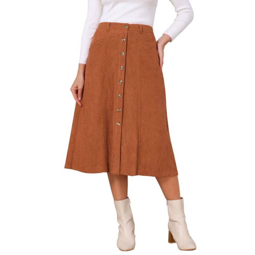 Women's Corduroy Skirts Fall Winter Work Office A-Line Midi Skirt Caramel